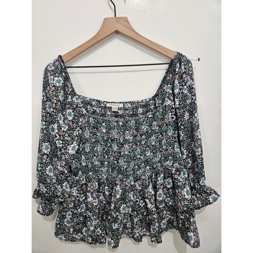 American Eagle XL Floral Smocked Peplum Blouse Square Neck Puff Sleeve Cottage